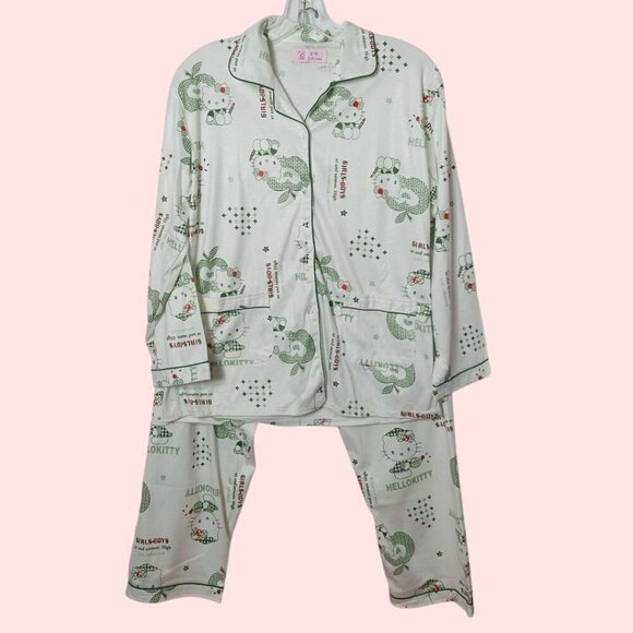 Hello Kitty Printed Pajama Set For Women Button-Up Top & Elastic Waist Pants Siz - Picture 1 of 15